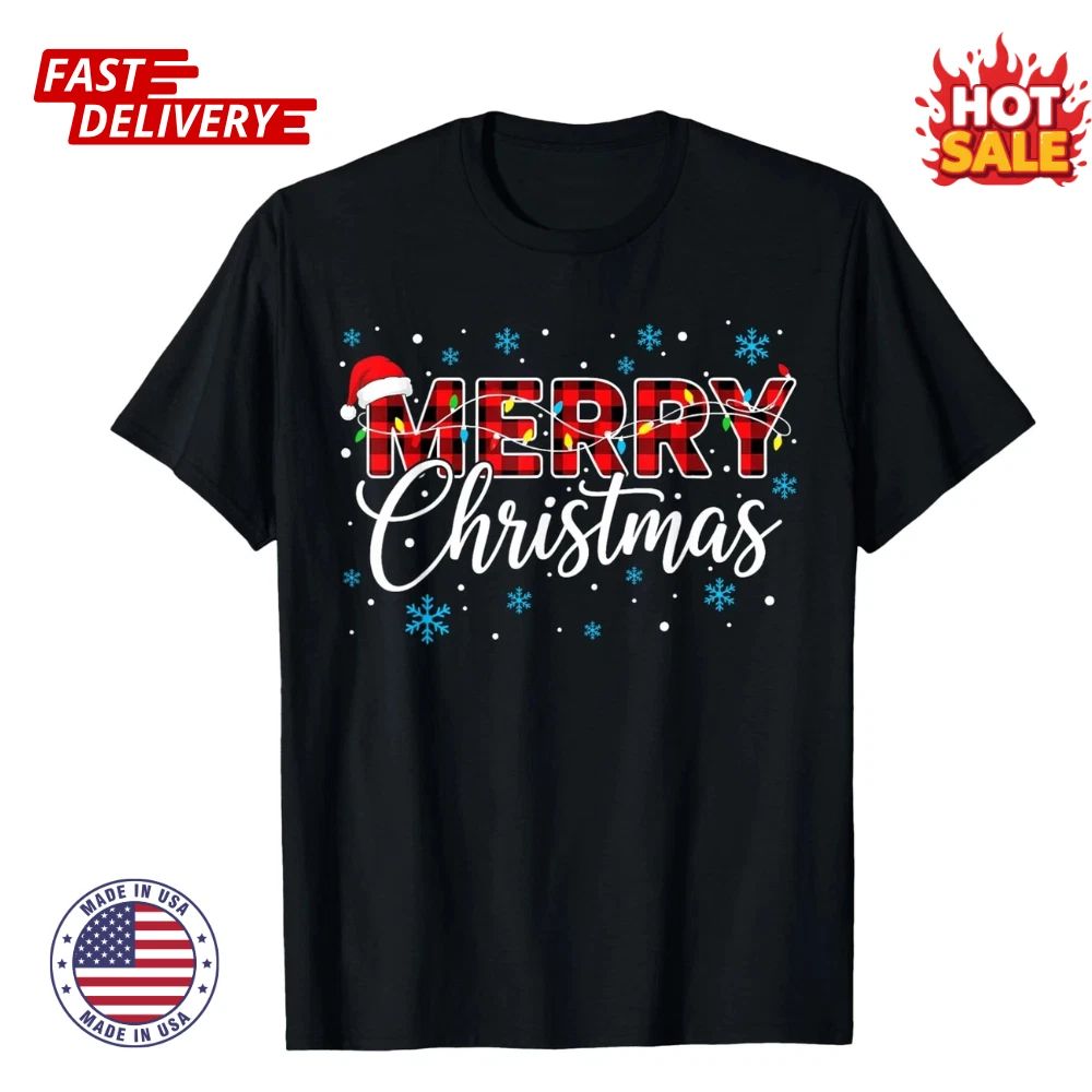 Merry Christmas Buffalo Plaid Santa Hat T-shirt Mens Womens Xmas Graphic T-Shirt