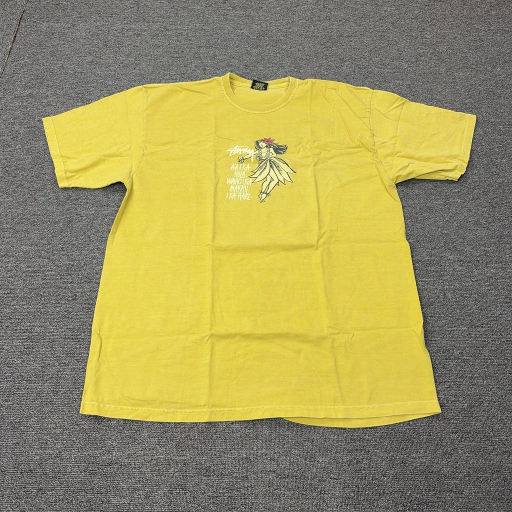 Stussy Shirt Mens XL Yellow Hula Girl Hawaii Graphic Tee Streetwear Surf