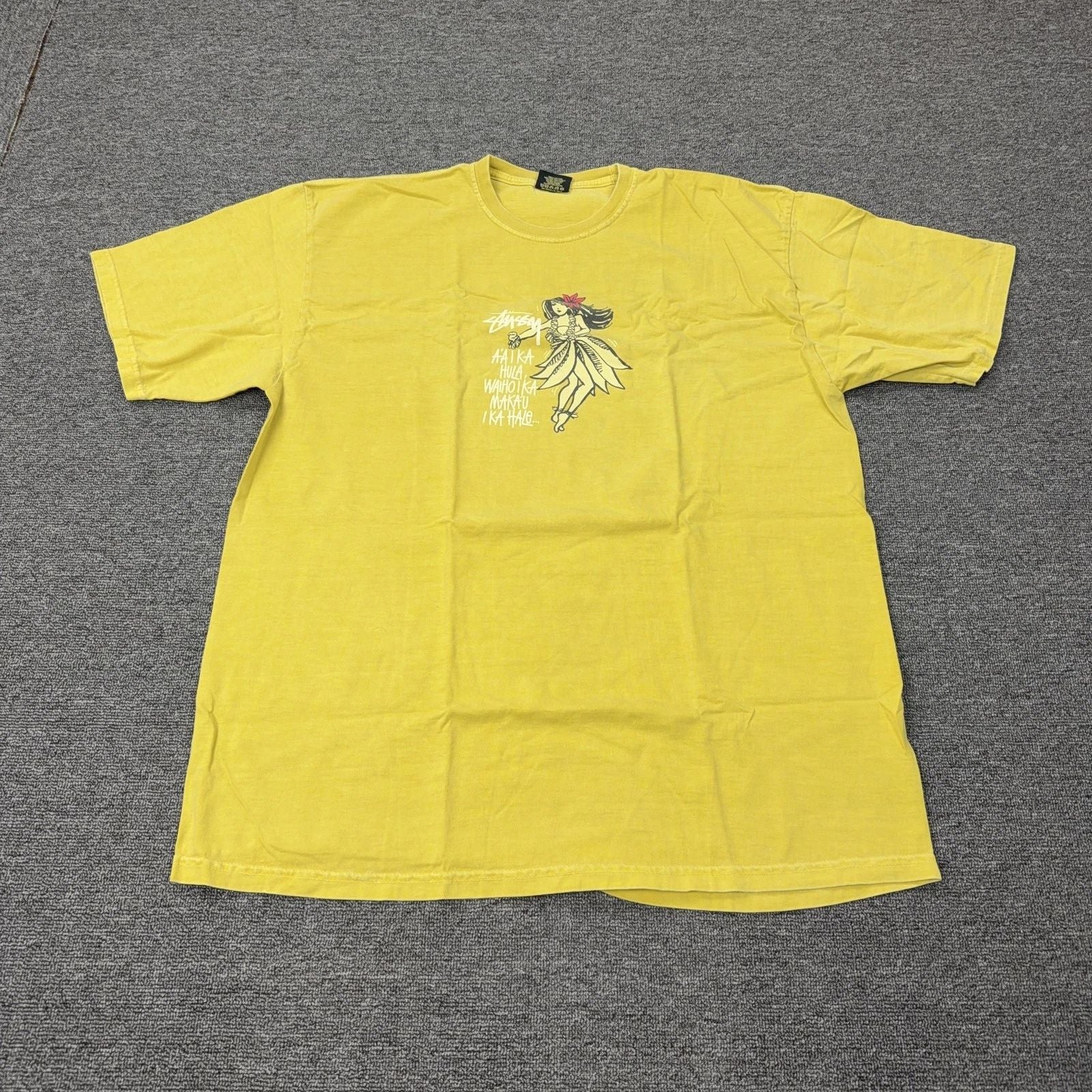 Stussy Shirt Mens XL Yellow Hula Girl Hawaii Graphic Tee Streetwear Surf