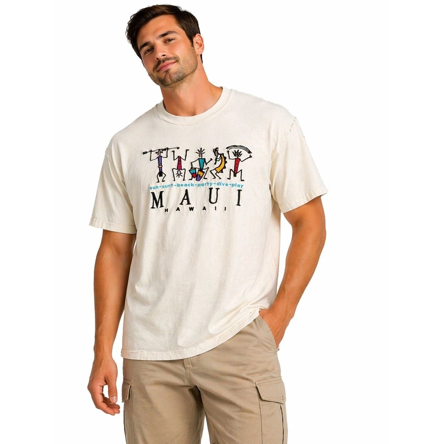 Bumwraps Maui Hawaii Graphic T-Shirt Mens XL Cream Heavyweight Cotton VTG