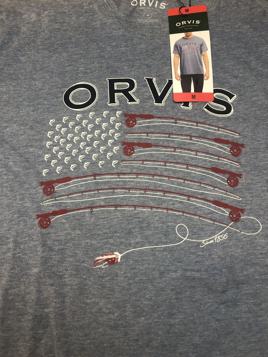 Orvis Heather Blue Graphic Tee Shirt Canon American Flag USA PATRIOTIC MEDIUM