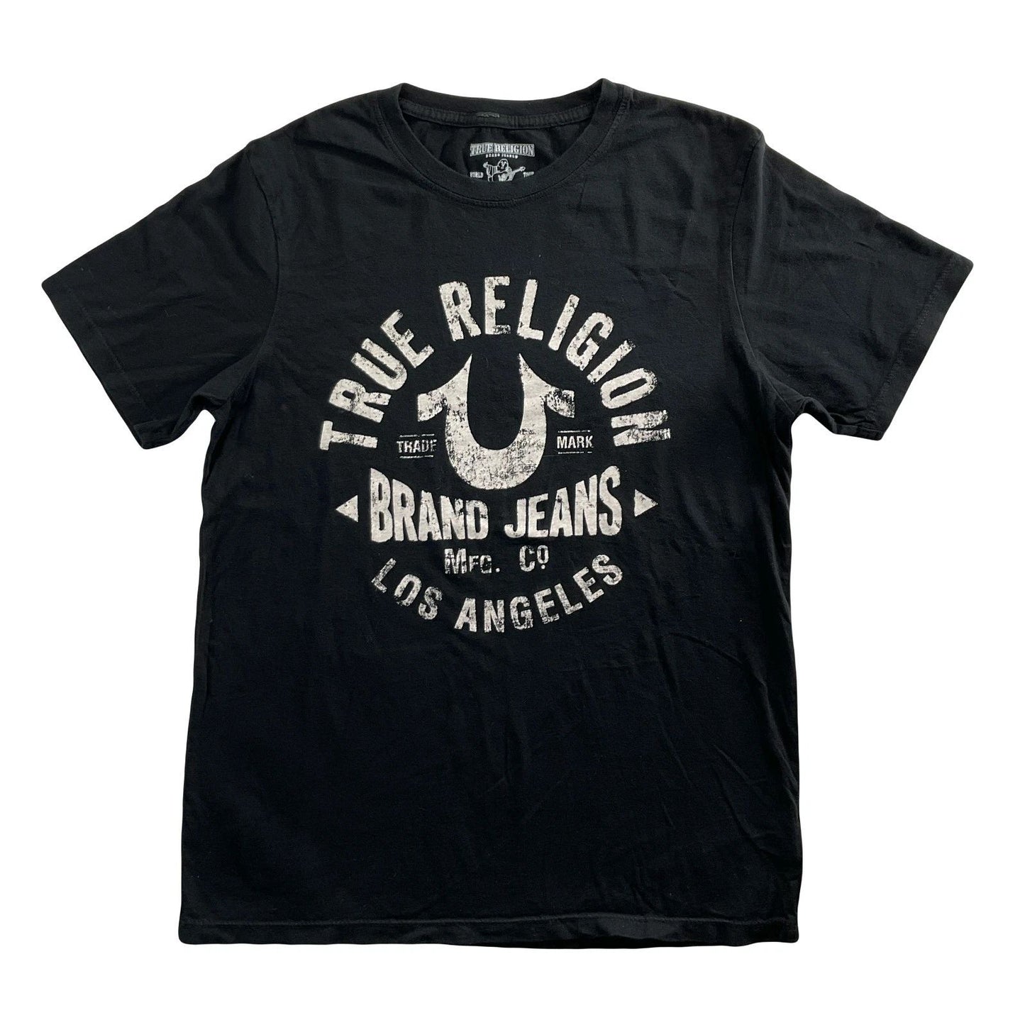 True Religion Jeans T-Shirt Logo Tee Crew V-Neck Buddha Horseshoe Graphic Defect