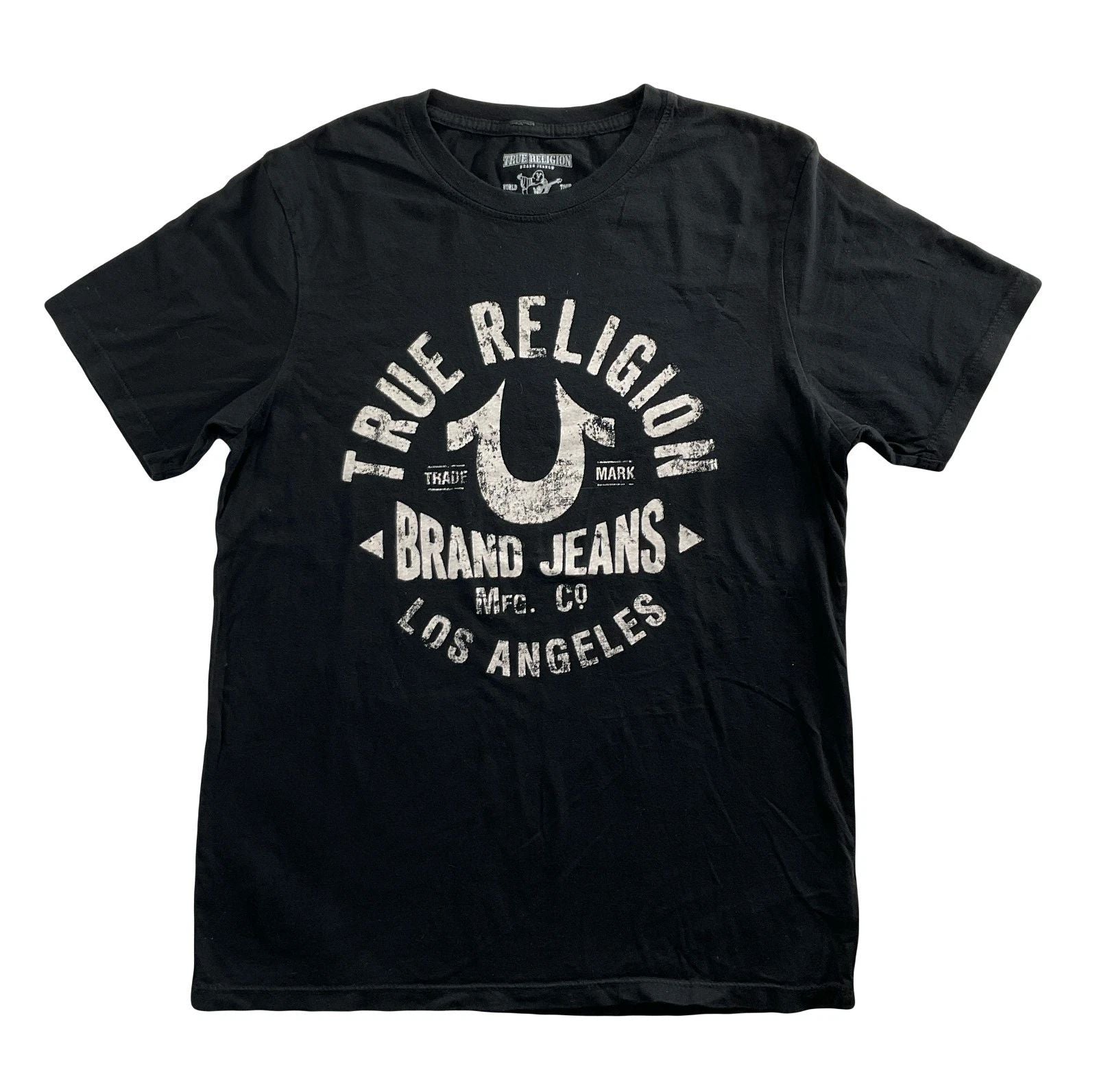 True Religion Jeans T-Shirt Logo Tee Crew V-Neck Buddha Horseshoe Graphic Defect