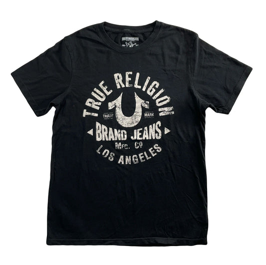 True Religion Jeans T-Shirt Logo Tee Crew V-Neck Buddha Horseshoe Graphic Defect