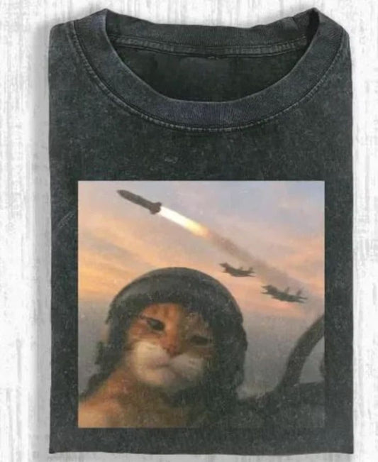 Vintage Wash Fighter Pilot Cat Meme Shirt, Funny Jet Cat Tee, Cat Lover Gift