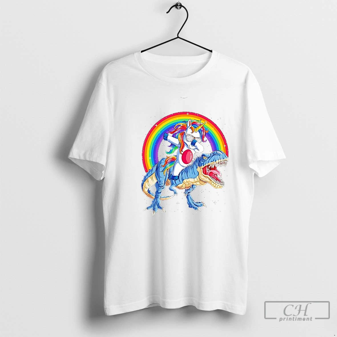 Classic Dabbing Unicorn Riding T Rex Under Rainbow Christmas T Shirts