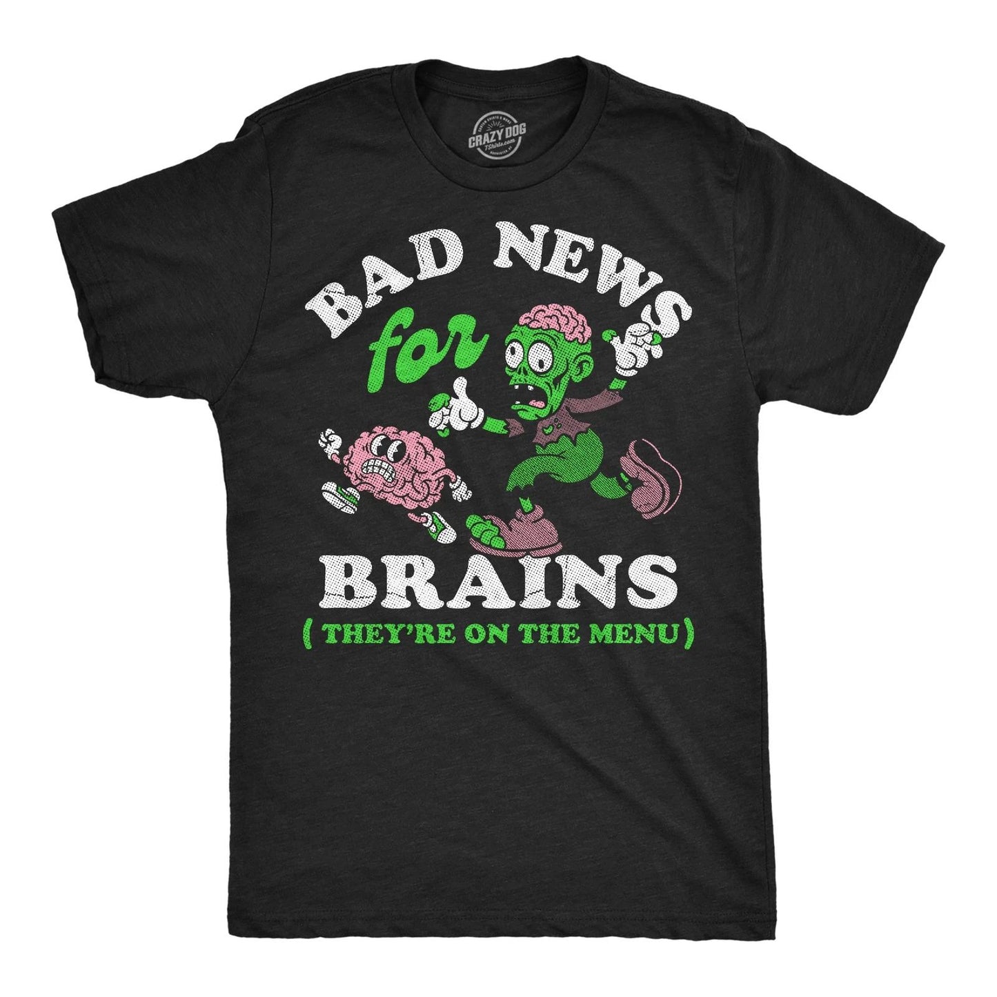 Mens Funny T Shirts Bad News For Brains Sarcastic Zombie Graphic Novelty Tee For