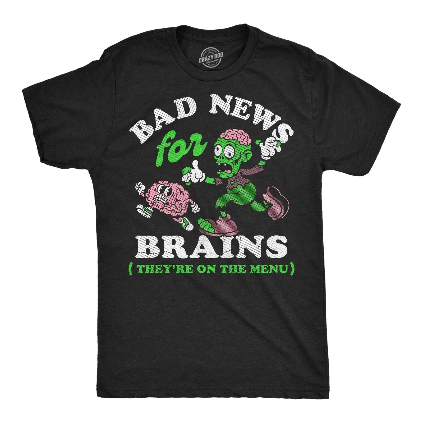 Mens Funny T Shirts Bad News For Brains Sarcastic Zombie Graphic Novelty Tee For