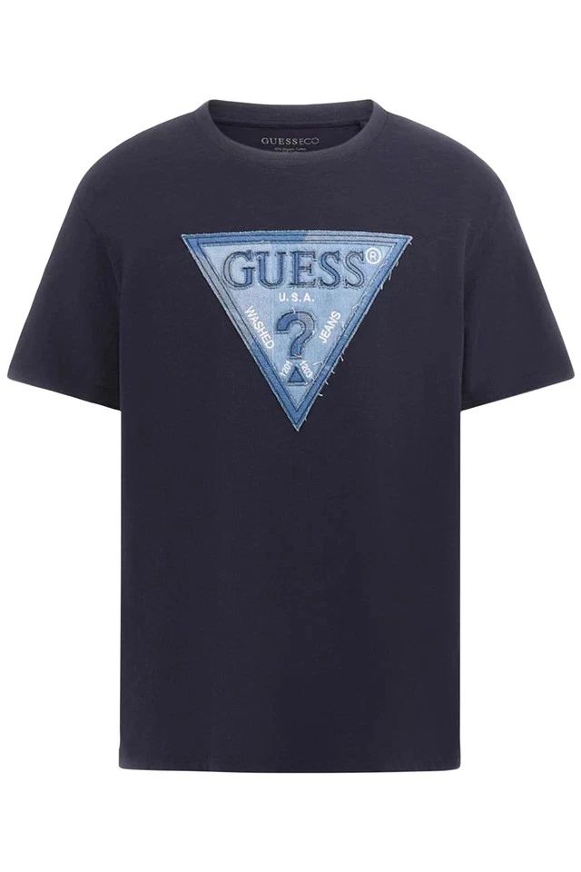 GUESS Navy Blue Triangle Patch T-Shirt Organic Cotton Lightweight Regular Fit S