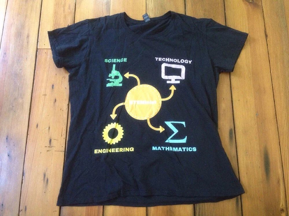STEMinist Feminist Nerd Science Technology Math Black 100% Cotton T-Shirt XL 44"