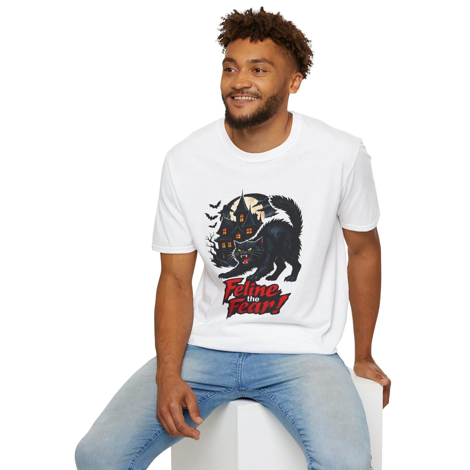 Black Cat Haunted House Fantasy Halloween Horror Gothic Unisex Softstyle T-Shirt