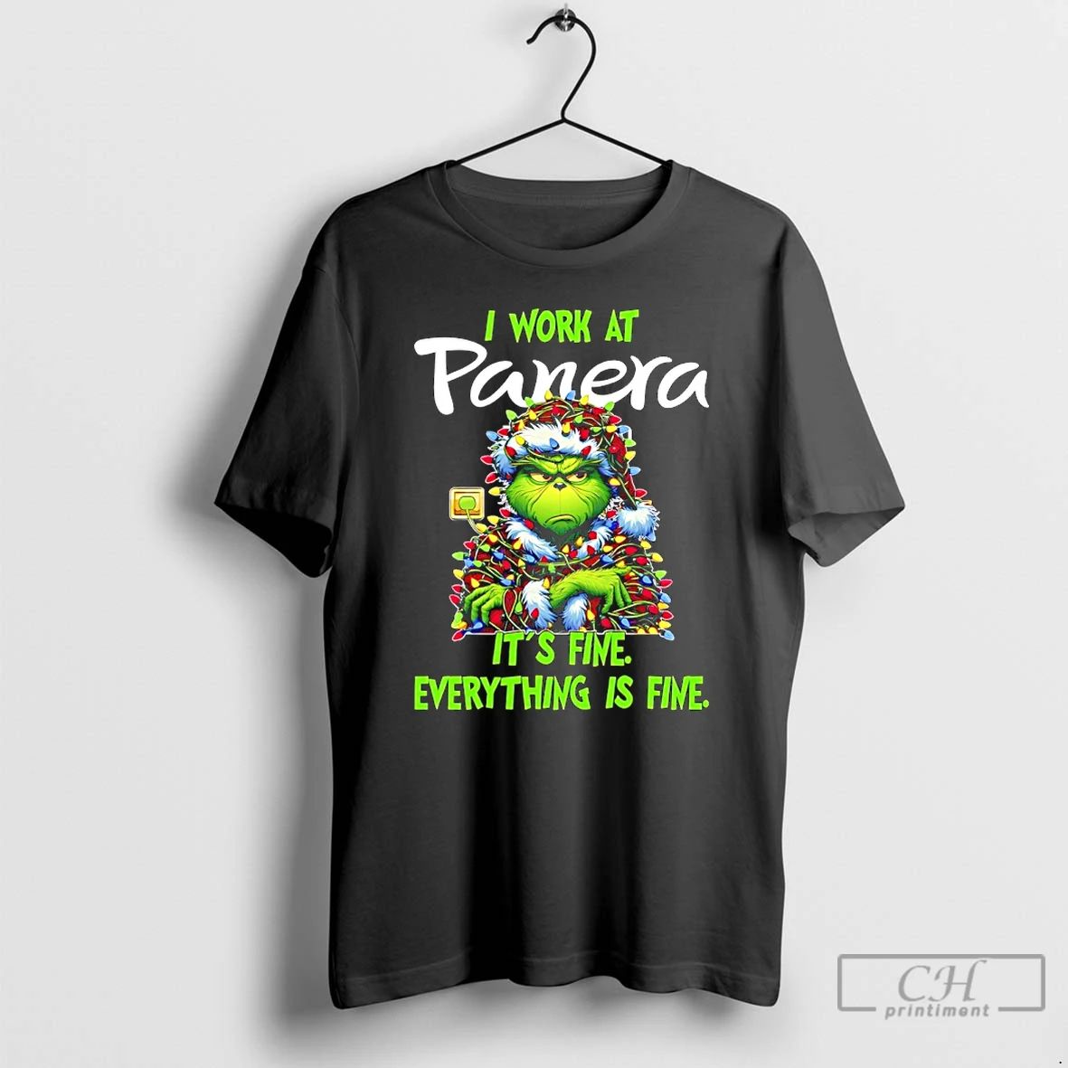 Classic Grinch Christmas Light I Work At Panera Its Fine Everything Is Fine T Shirts
