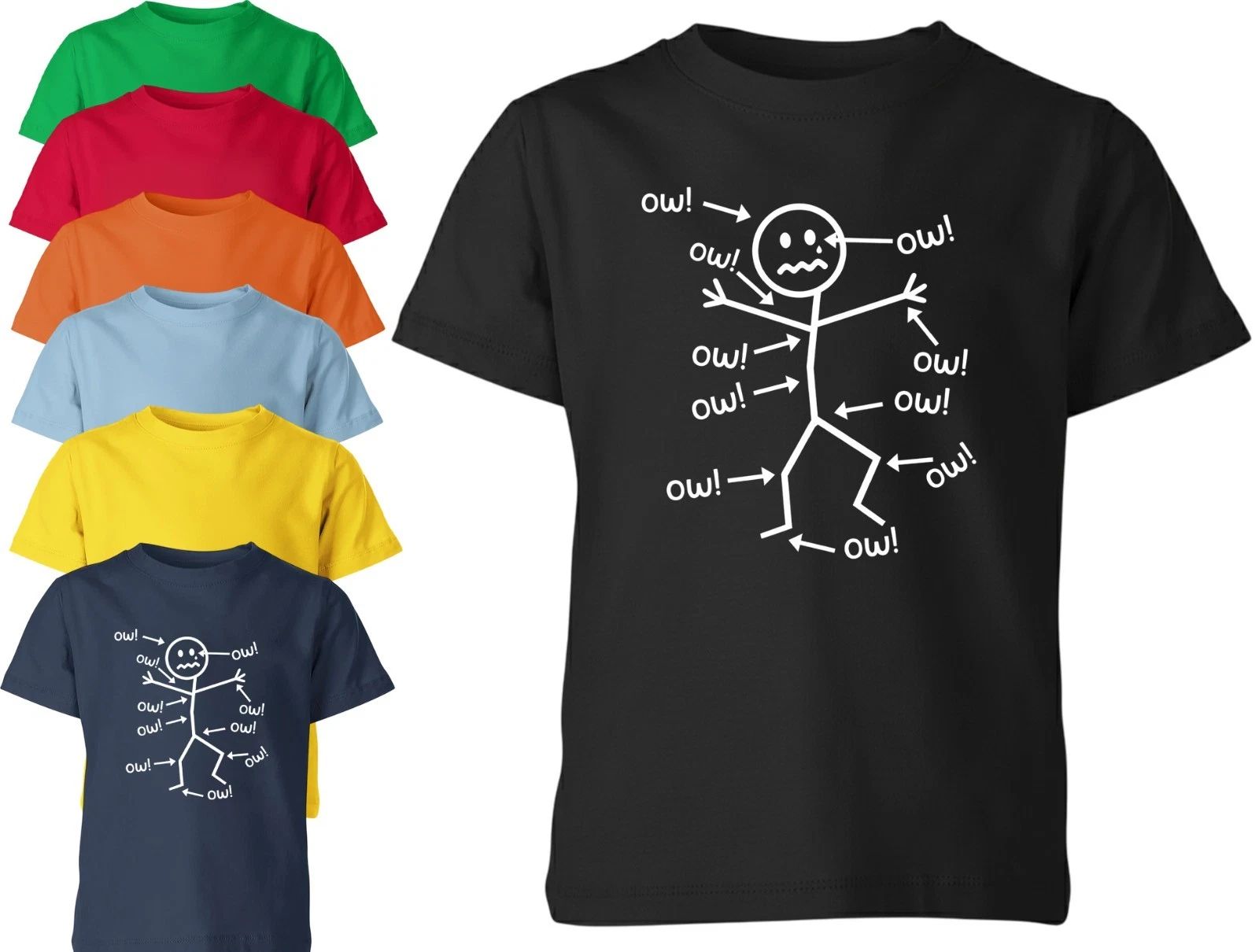 Funny Stick Figure 'Ow' T-Shirt Sarcastic Pain Humor Graphic Tee Unisex Kids Tee