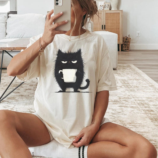 Funny Black Cat Coffee Shirt, Kawaii tired cat T shirt, Grumpy Cat Holding Mug