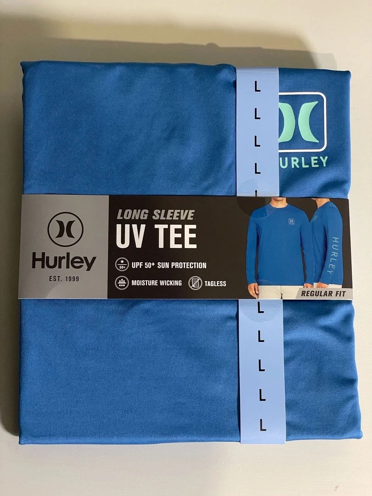 NWT Hurley Men's Long Sleeve UV Tee UPF 50+ Sun Protection Seaview Blue Sz L