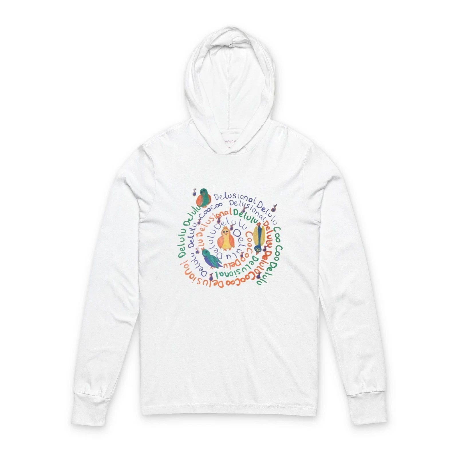 Coo coo birds Delulu Hooded T | Colorful Hand lettered Design tshirt