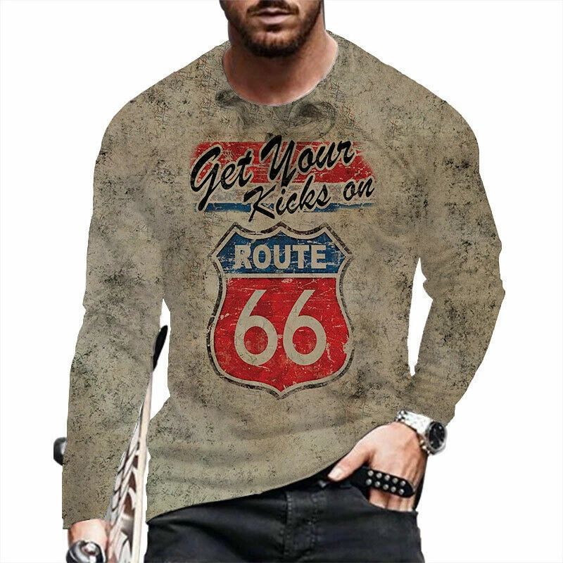 T Shirt Men Route 66 Vintage Brown Long Sleeve Fashion Streetwear Soft T-Shirt