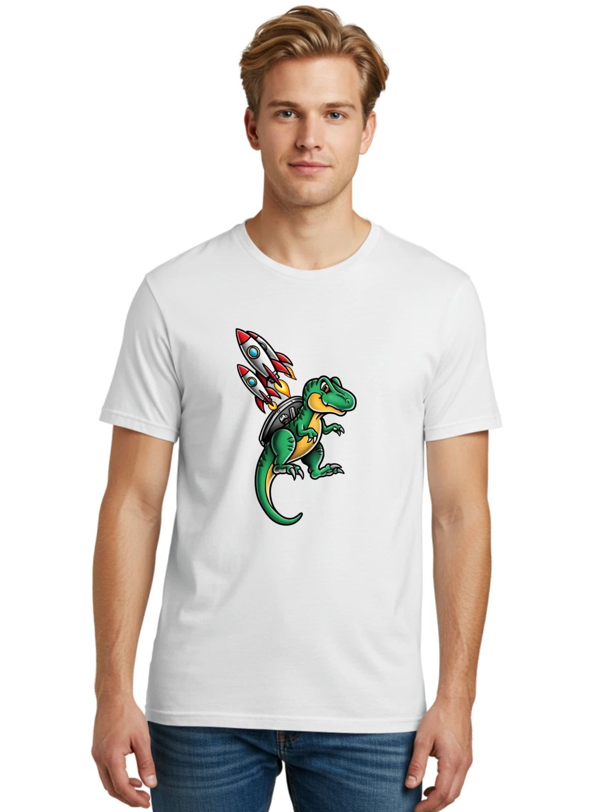 Dino-Rocket-4 Mens Graphic Tee, 100% Cotton, Casual Summer Wear