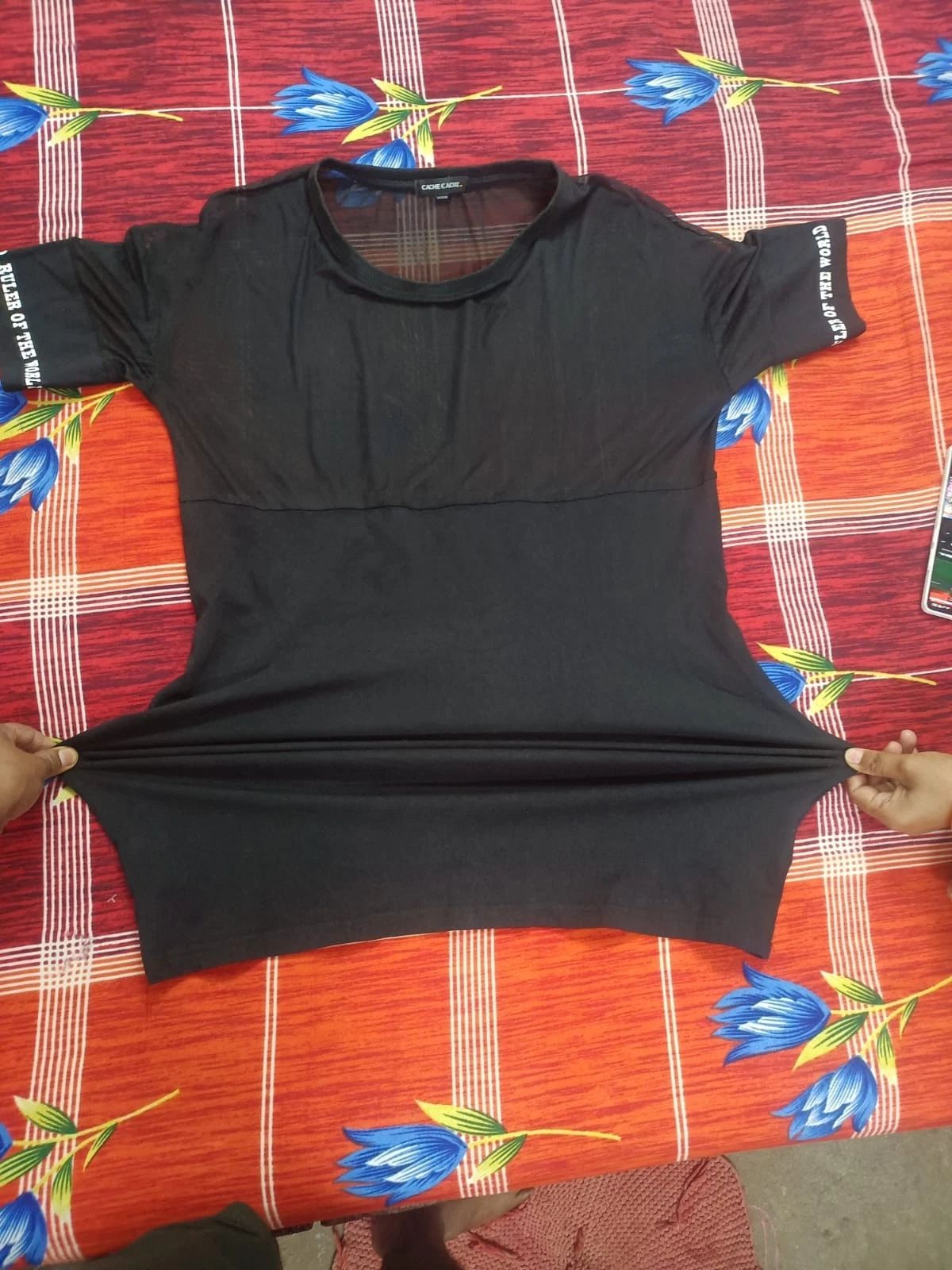 Women's Longline Cache Cache H/S T-Shirt | Size L/XL | Stretch Tunic Top | 37" C