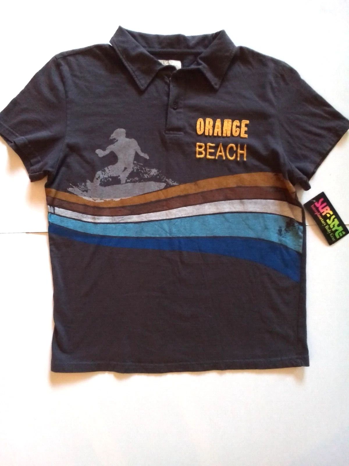 SURF STYLE Medium Shirt Orange Beach Applique Embroidery Graphic Brown Pullover
