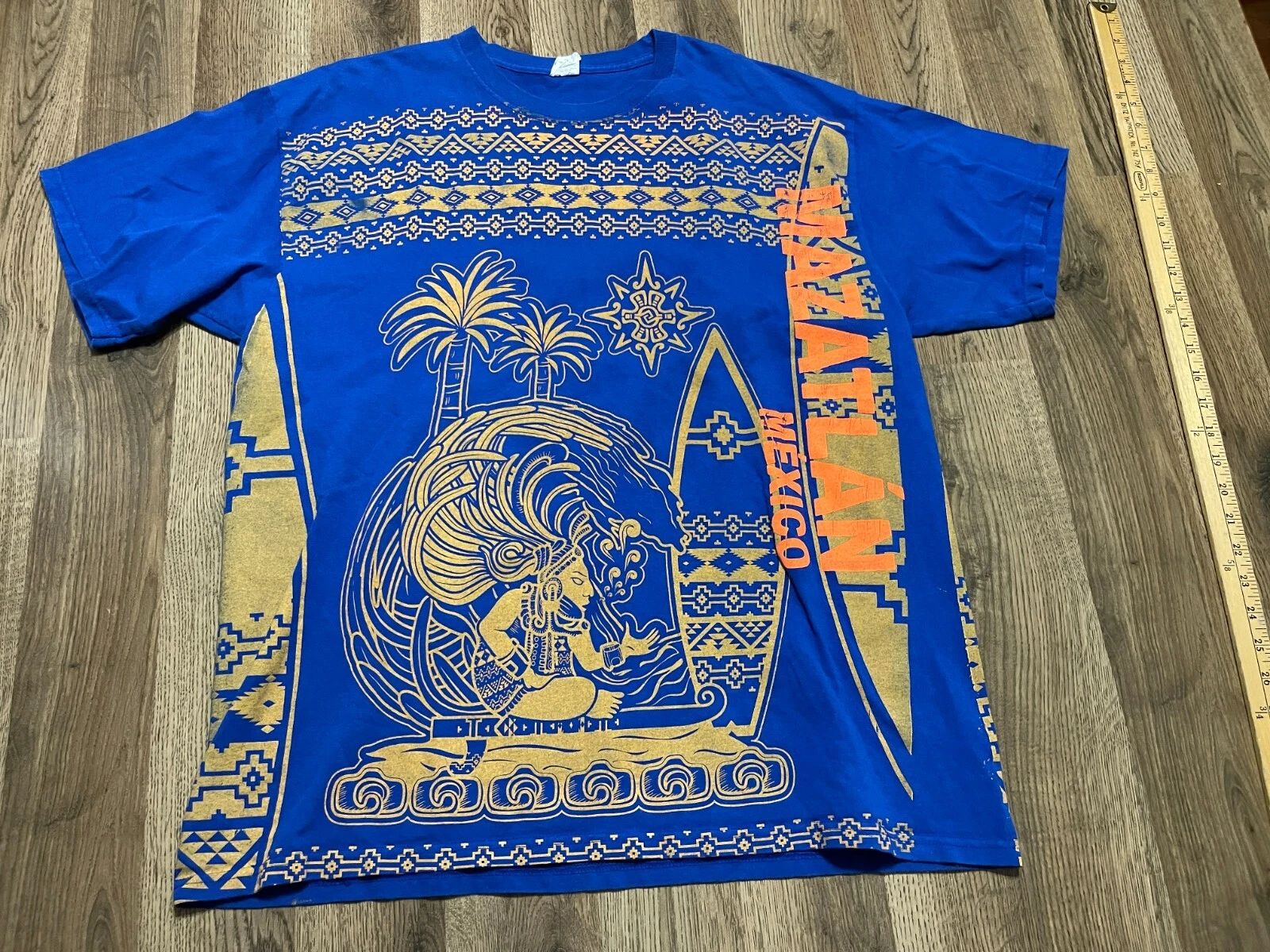 Yazbek Shirt, Men's Size XL, Blue Yellow Orange, Surf Board Island