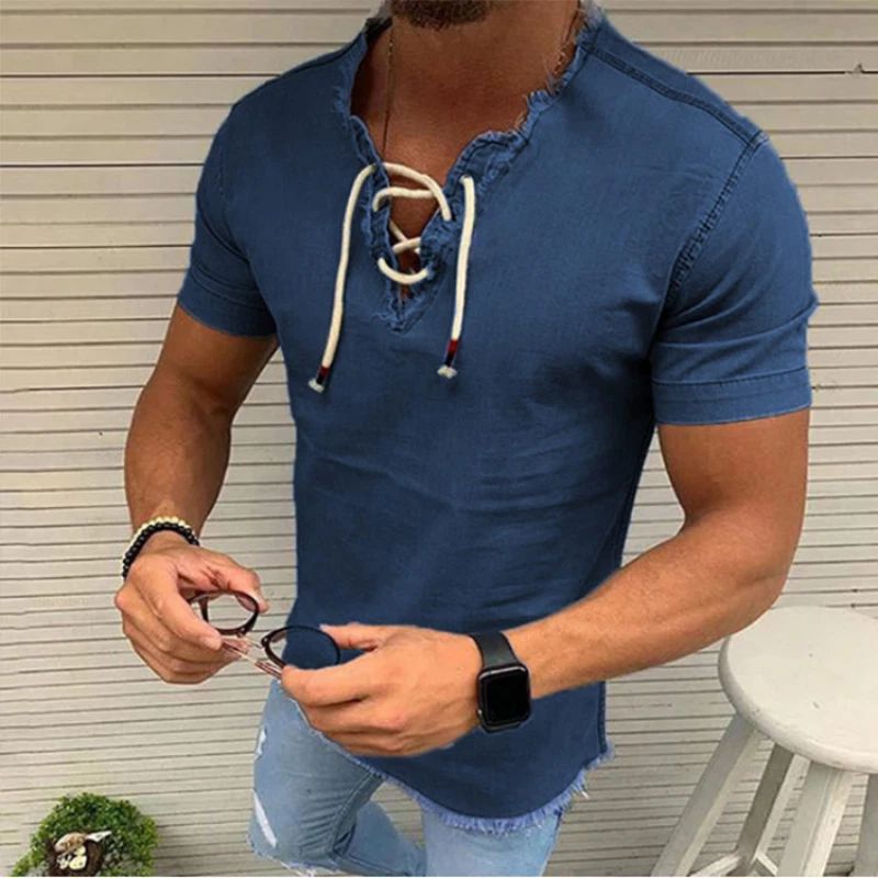 Men Fashion Short-sleeved Denim Lace-up Tassel Denim Trendy T-shirt Top