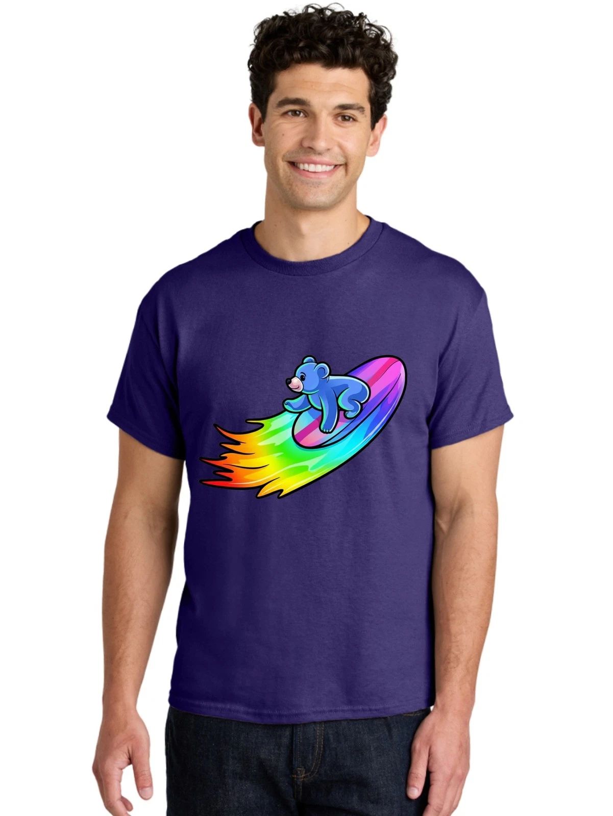 Blue-Bear-Surfing Mens Graphic Tee,100% Cotton,Casual Summer Wear