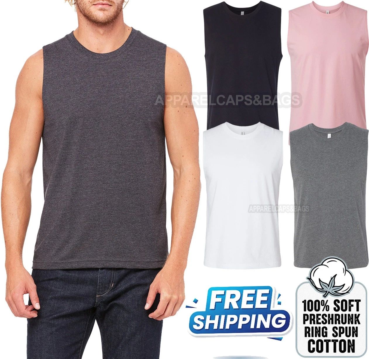 Mens Muscle Tank PRESHRUNK Soft Ringspun Cotton Sleeveless T-Shirt XS-2XL NEW!