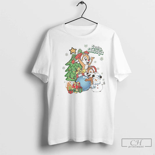Classic Chip And Dale Merry Christmas Tree White T Shirts