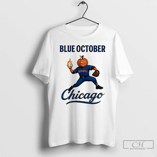 Premium Chicago Cubs Baseball Blue October Pumpkin Head Halloween Shirts T Shirts