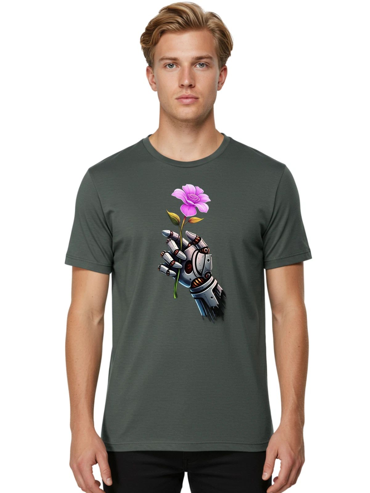 Robot-Hand-Holding-Flower-1 Mens Graphic Tee, 100% Cotton, Casual Summer Wear