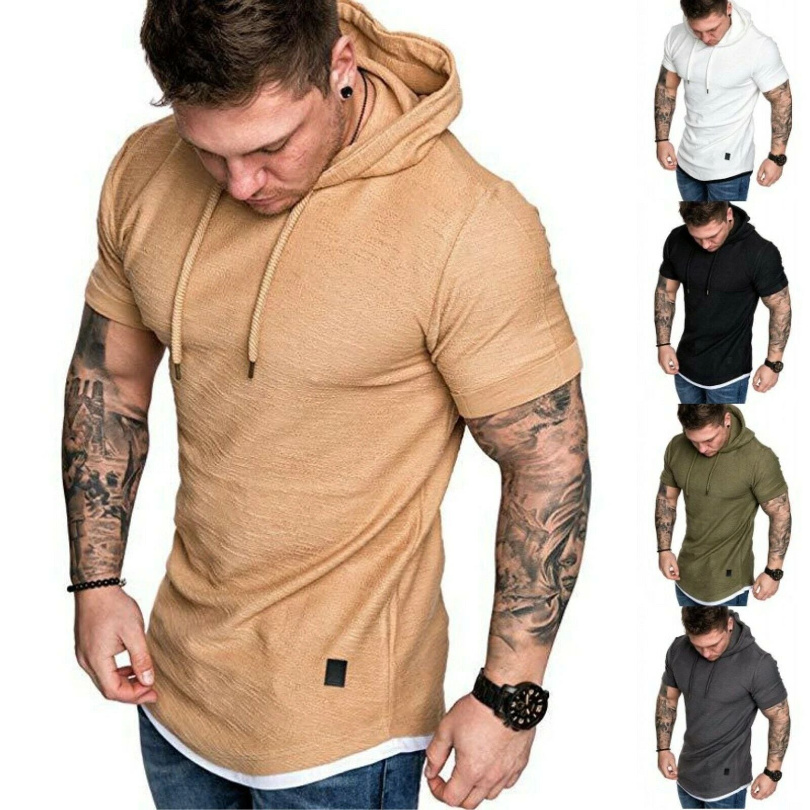 Men's Hooded Short Sleeve Sporty T-Shirt Slim Gym Muscle Tee Hoodie Tops Blouses