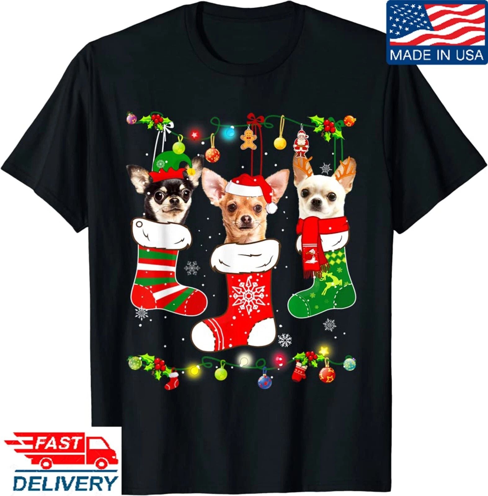 Chihuahua Christmas Lights Gift Funny Xmas Dog Lover T-Shirt, Unisex Tees