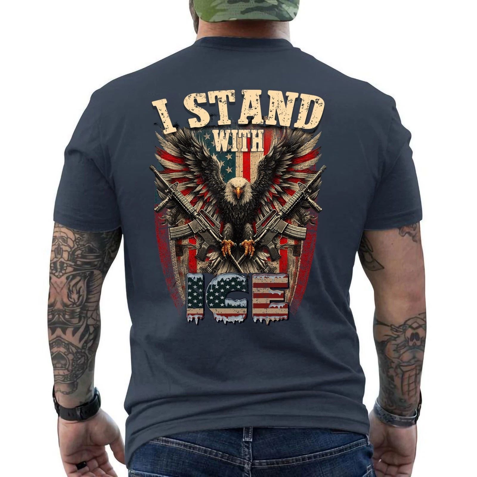I Stand with ICE, Immigration and Customs Enforcement Patriotic US Flag ON BACK