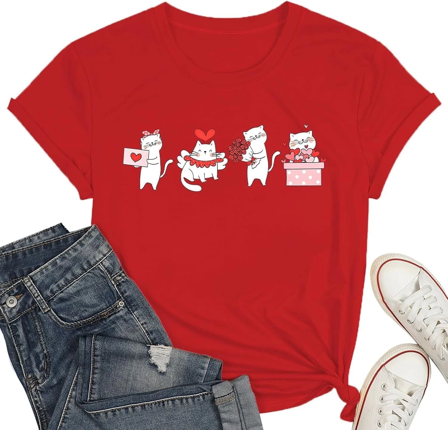 Valentine Shirt for Women Cute Kitten Love Heart Graphic Tee