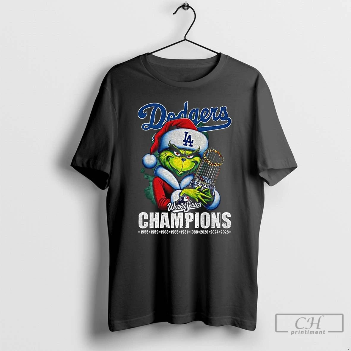 Classic Grinch Santa Los Angeles Dodgers World Series Champions Trophy T Shirts
