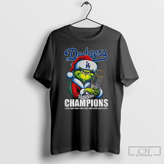 Classic Grinch Santa Los Angeles Dodgers World Series Champions Trophy T Shirts