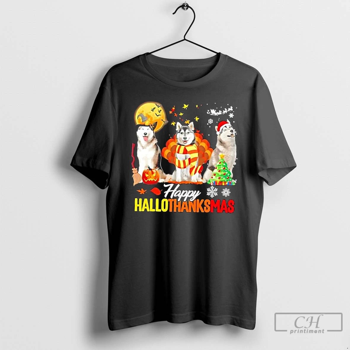 Classic Husky Dogs Happy Hallothanksmas T Shirts