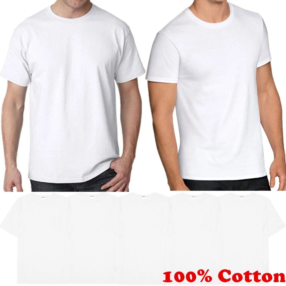 For Mens 100% Cotton Thick Casual Crew Neck T-Shirt White Short Sleeve Tee LOT