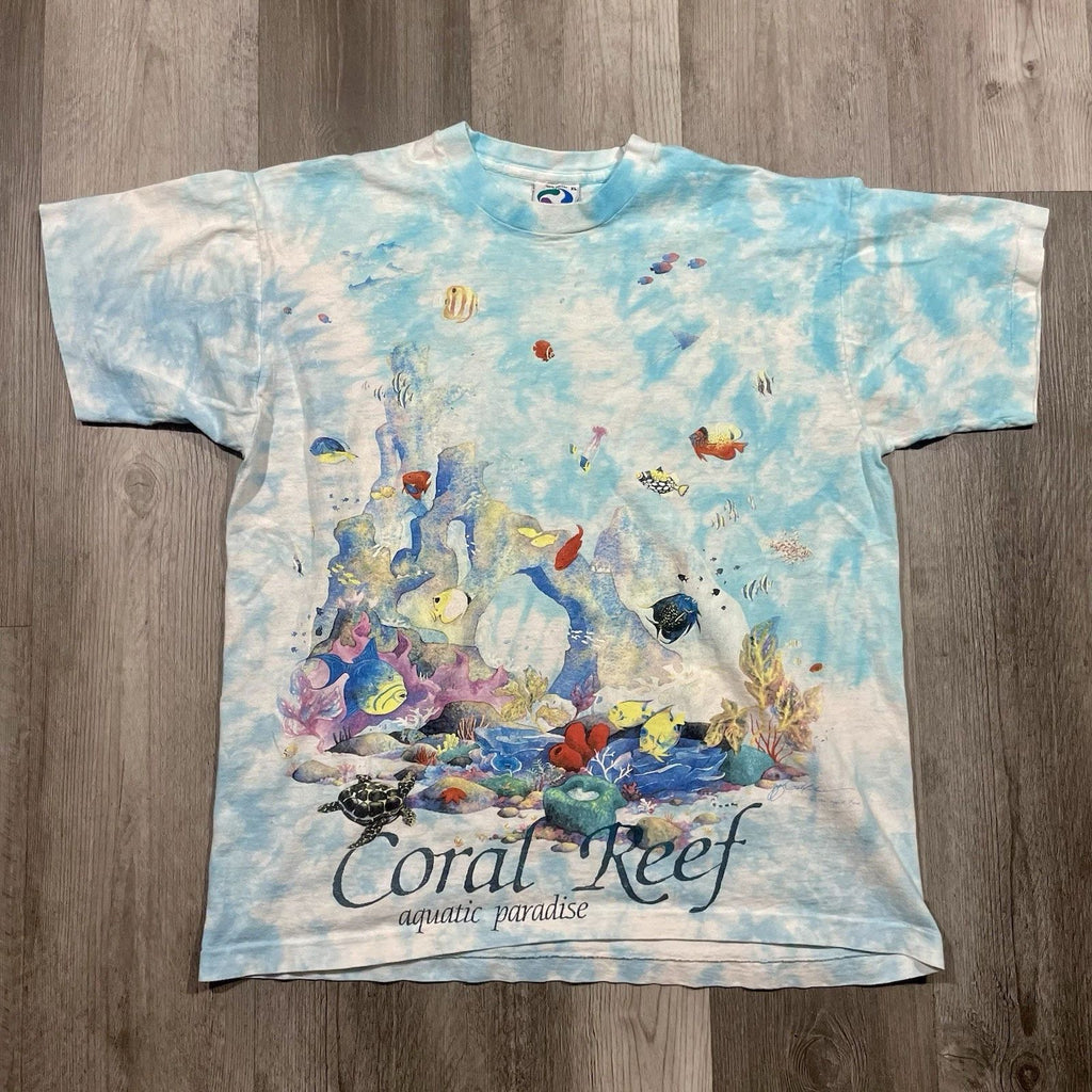 VTG 1992 Liquid Blue Coral Reef Sz Large Animal Nature Fish Wildlife AOP Tshirt