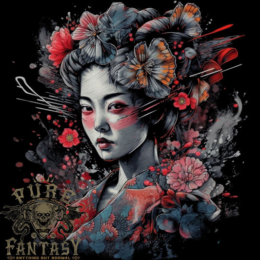 Geisha Girl With Flowers & Butterflies Fantasy Mens Light Cotton T-Shirt