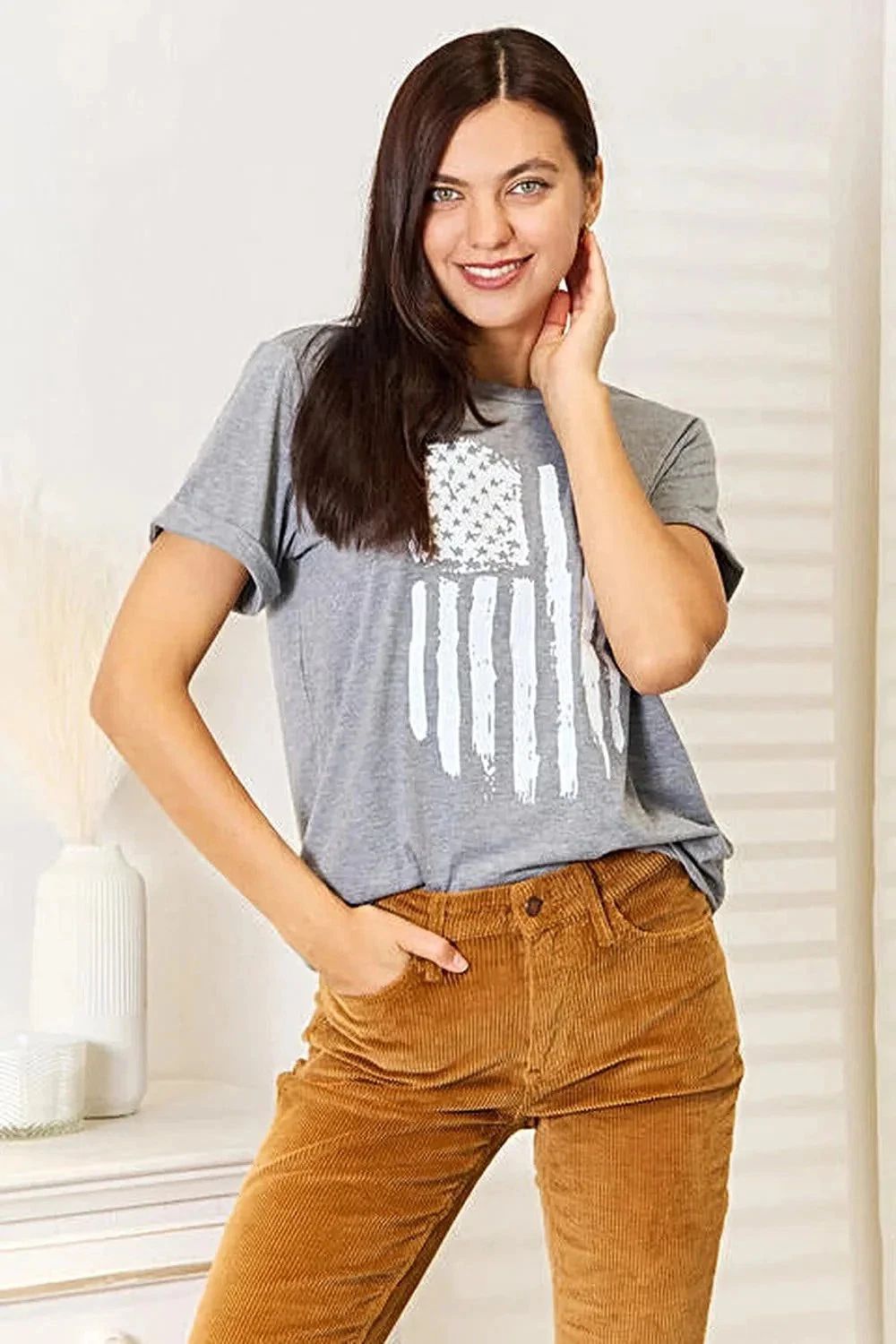 Trendy US Flag Graphic T-Shirt with Cuffed Sleeves - Stylish & Comfortable Desig