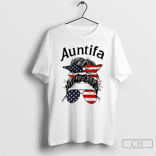Classic Auntifa Woman With Bun Hairstyle Wearing American Flag Headband And Sunglasses T Shirts
