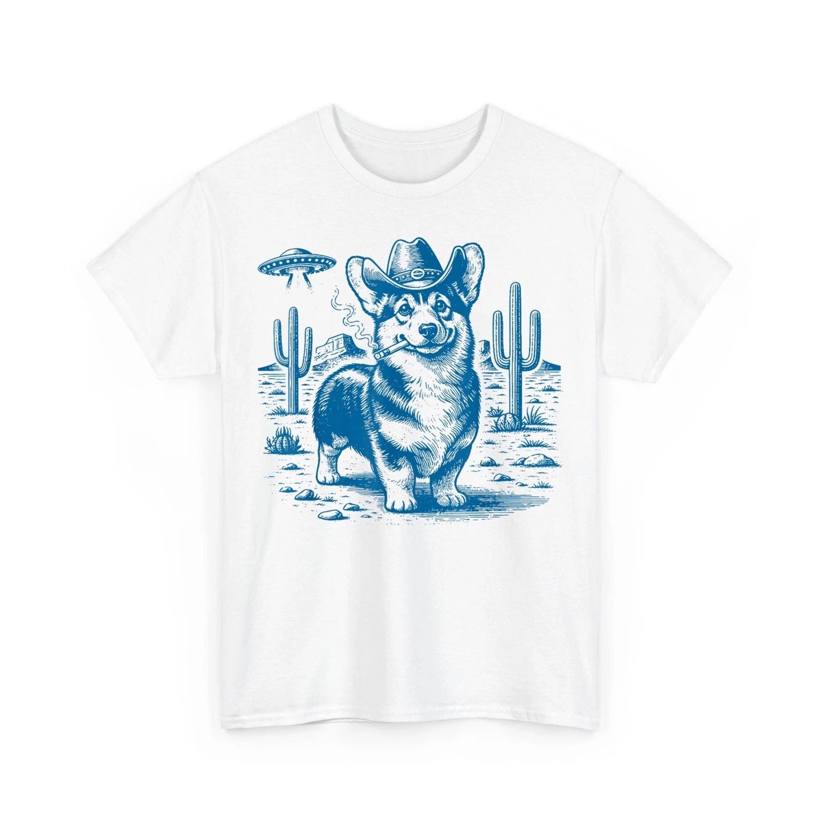 Western Cowboy Dog Smoking with UFO Corgi Dog Funny Unisex T-Shirt