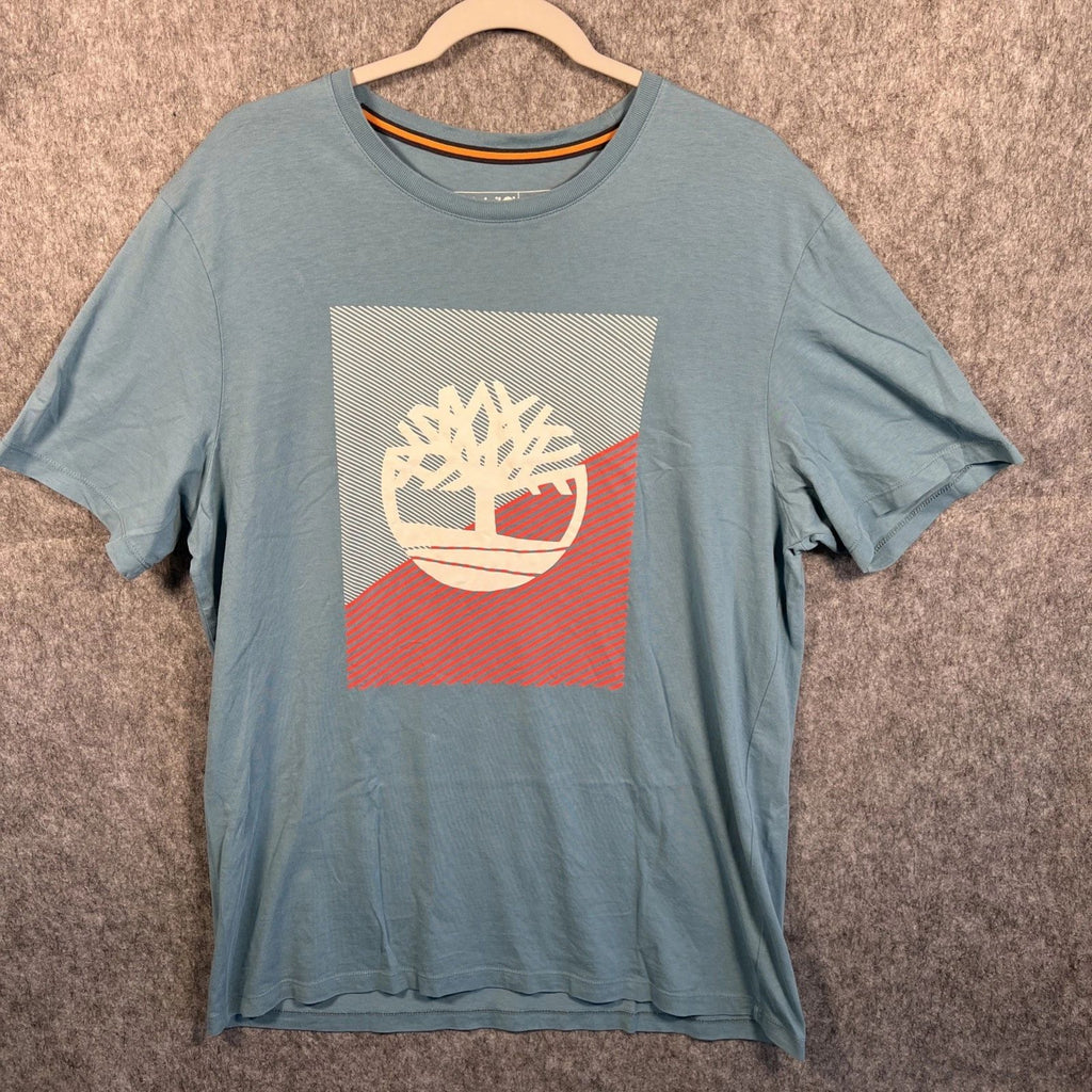 Timberland T-Shirt Men's LG Blue Graphic Print Short Sleeve Casual 100% Cotton