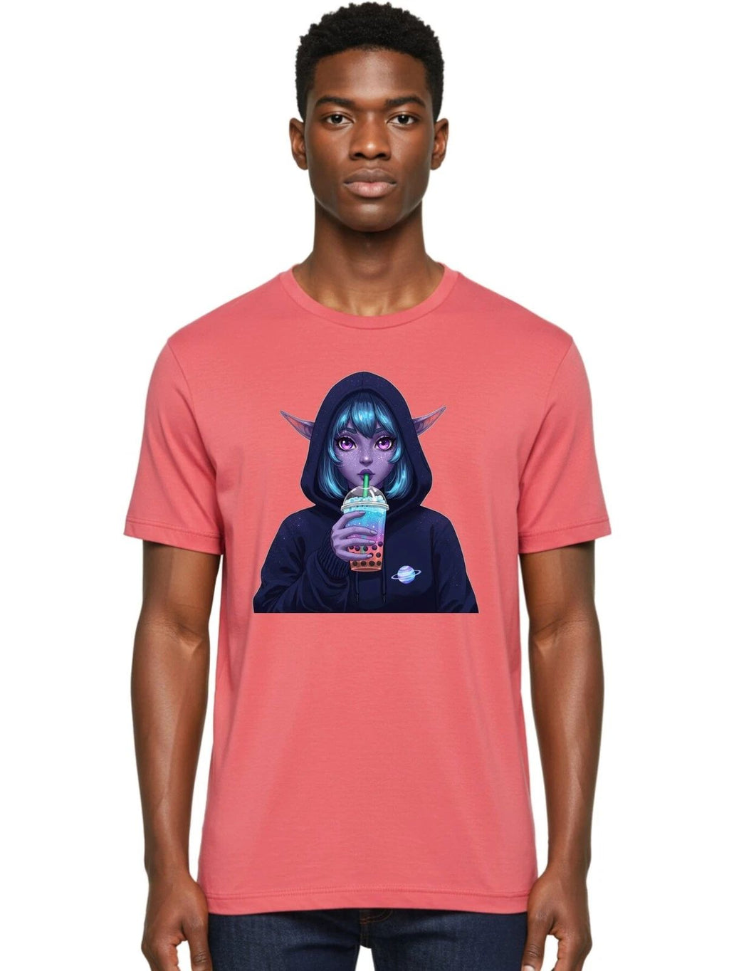 Alien-Girl-Drinking-Boba-Tea Mens Graphic Tee, 100% Cotton, Casual Summer Wear