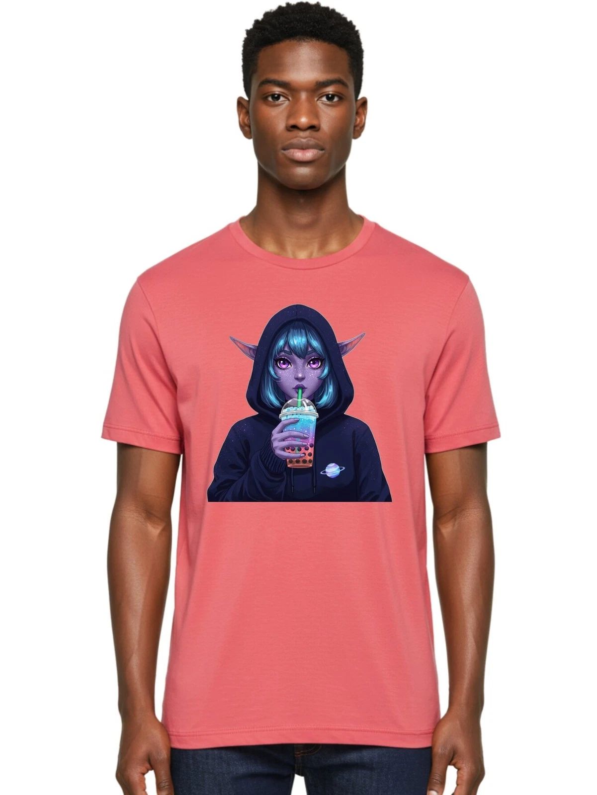 Alien-Girl-Drinking-Boba-Tea Mens Graphic Tee, 100% Cotton, Casual Summer Wear