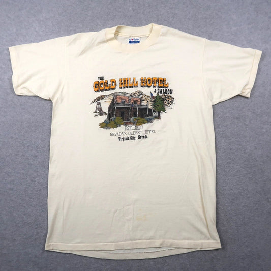 Vintage 80s Gold Hill Hotel Saloon Nevada Hiking Ivory T Shirt L Large USA Made