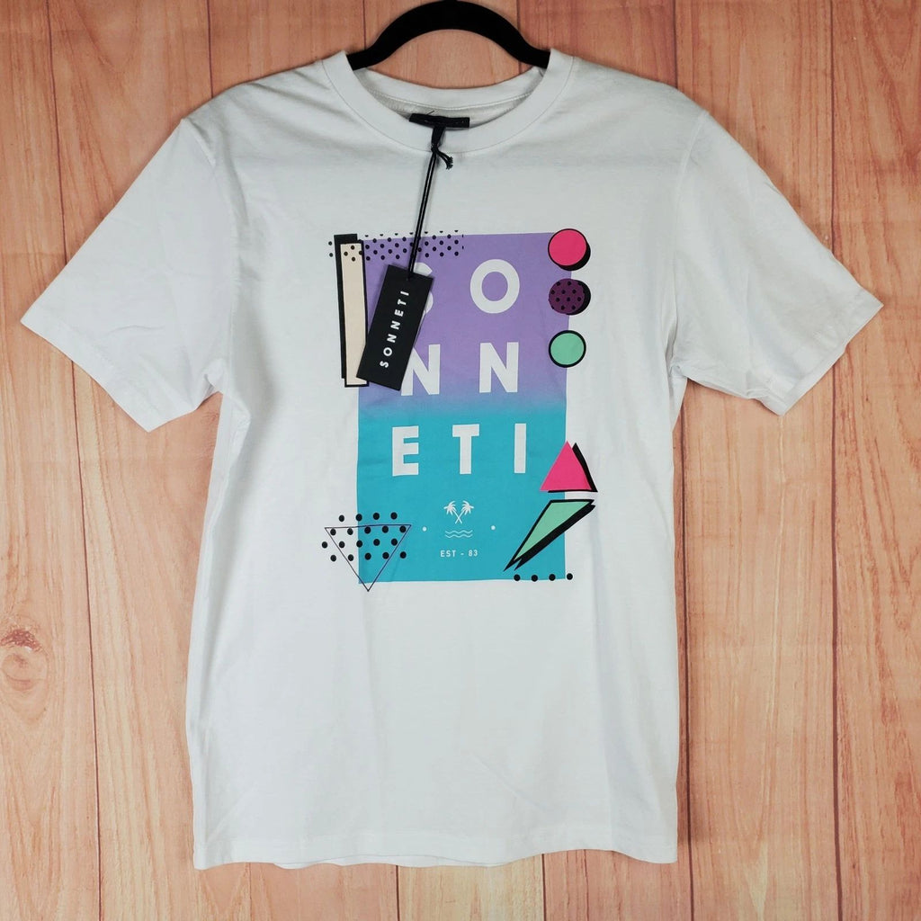 Sonneti London T Shirt Mens Small White Cotton Spellout Graphic Everyday Wear