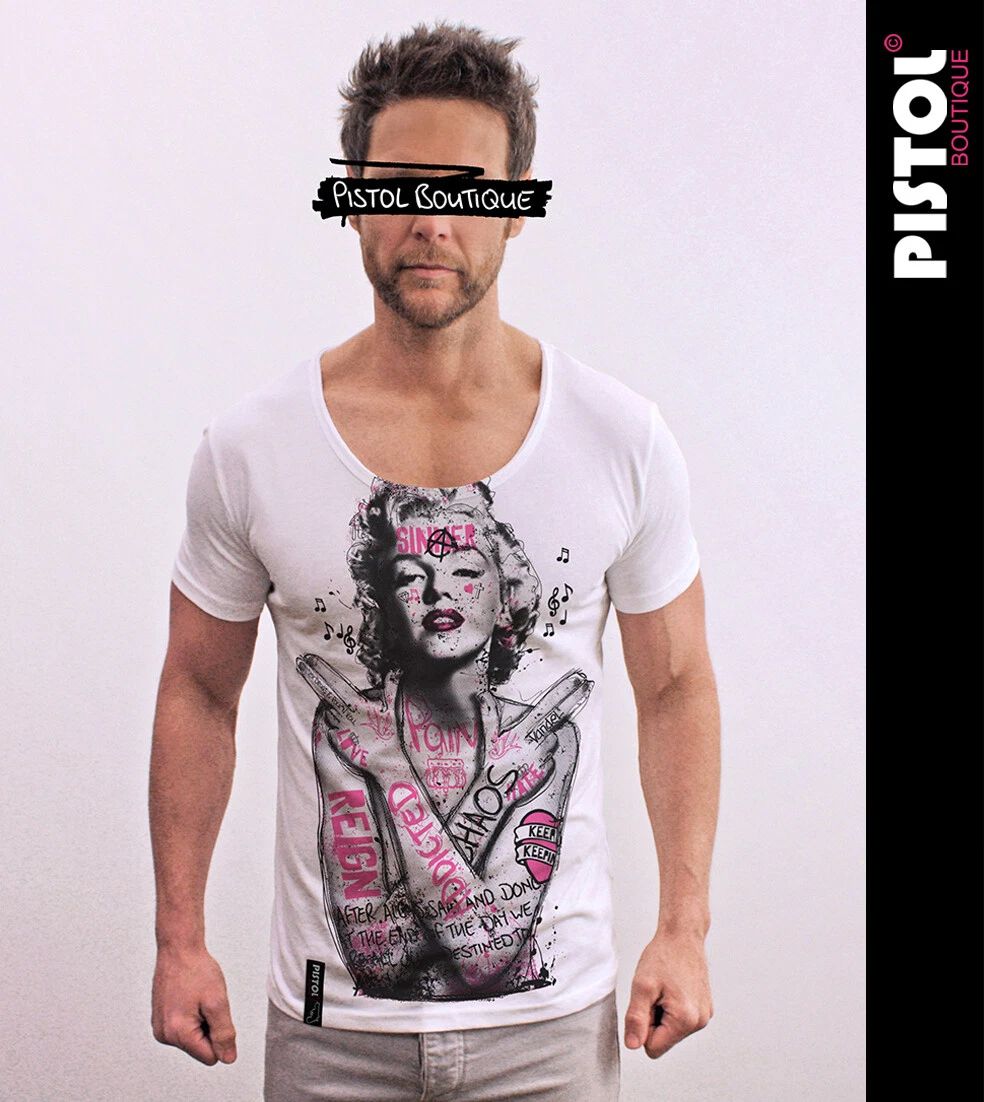 Pistol Boutique Men's White Round Scoop Neck GRAFFITI TATTOOS MONROE T-shirt